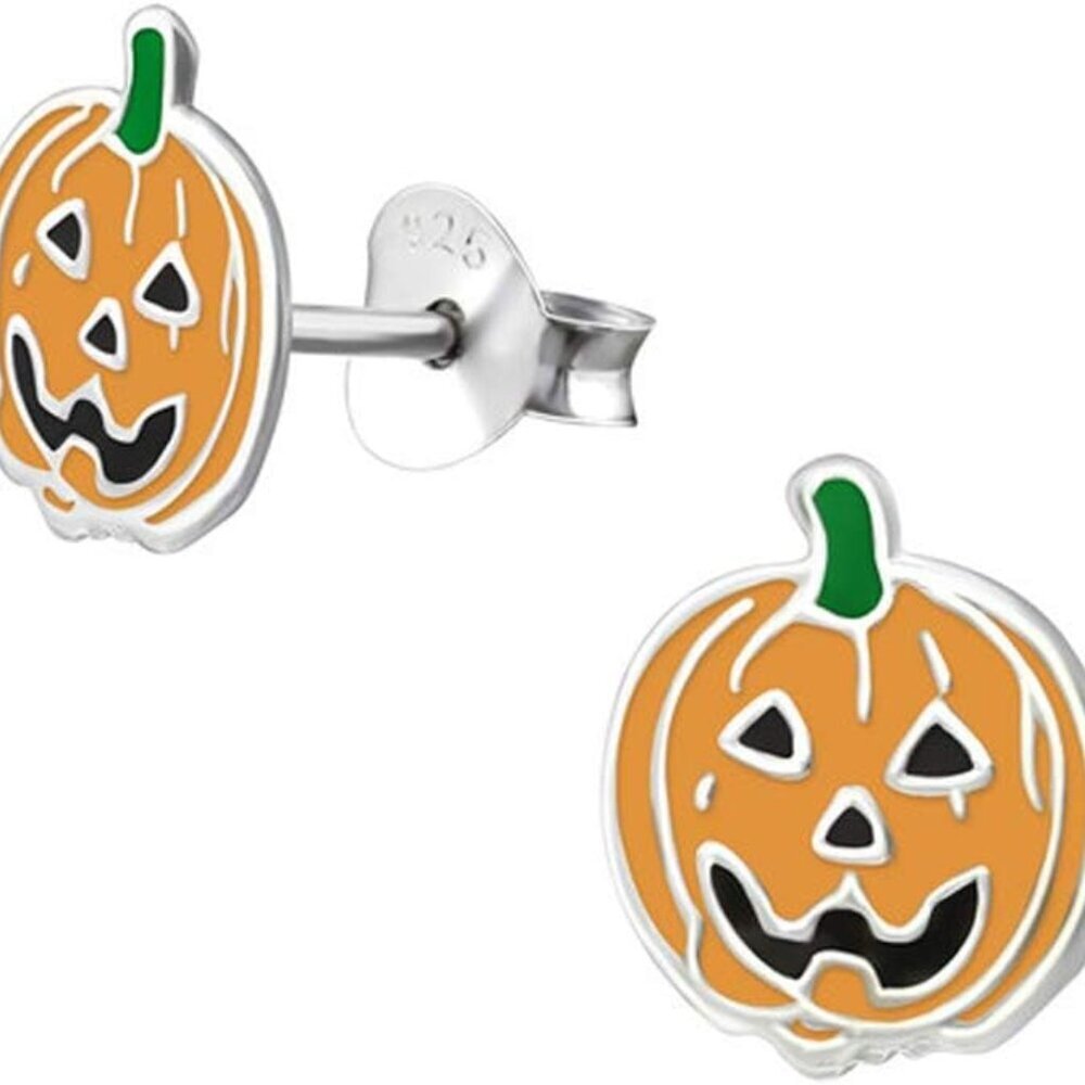 Small Jack O Lantern Earrings Halloween Pumpkin Silver Earrings E4432